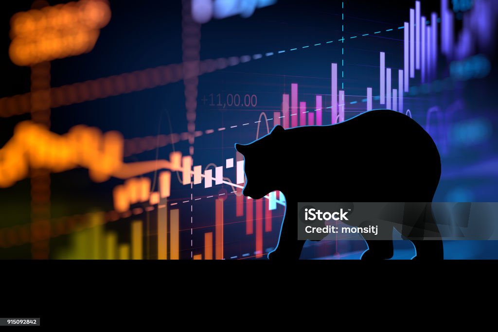 silhouette form of bear on technical financial graph silhouette form of bear on financial stock market graph represent stock market crash or down trend investment Bear Market Stock Photo