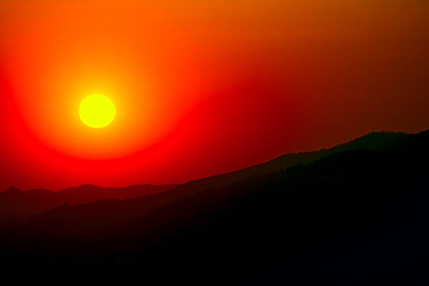 istock Distant sunset over the silhouettes of  hills 91509631