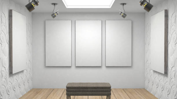 istock Empty gallery with blank canvas and chair mock up 915101372