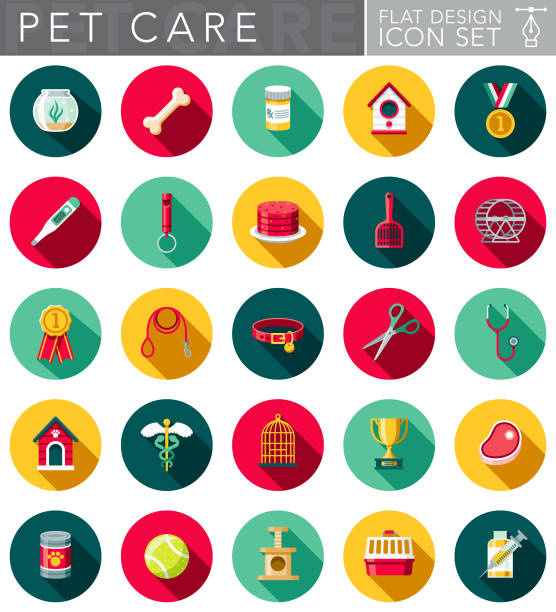 Flat Design Pet Care Icon Set with Side Shadow A set of flat design styled pet care icons with a long side shadow. Color swatches are global so it’s easy to edit and change the colors. dog with ribbon stock illustrations