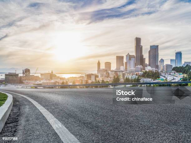 Empty Urban Road Travel Through Modern Skyscrapers Of Seattle Stock Photo - Download Image Now