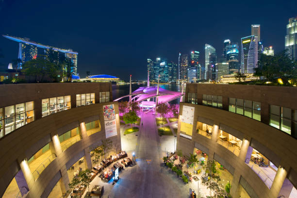 ciudad de singapur explanada marina bay sand hotel - merlion singapore marina bay lighting equipment fotografías e imágenes de stock
