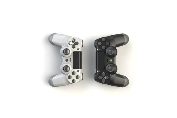 istock Computer game competition. Gaming concept. White and black joystick isolated on white background, 3D rendering 915127650