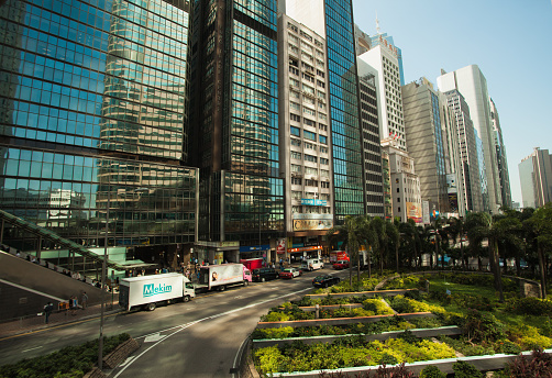 Hong Kong China November 1, 2017: city street at Central island district; modern architecture and busy traffic;