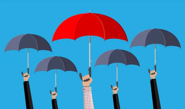 Vector illustration of Man with red umbrella in the crowd