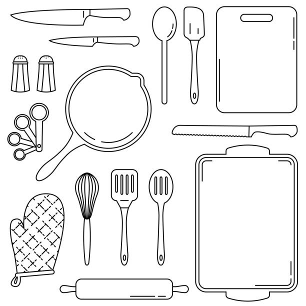 illustrations, cliparts, dessins animés et icônes de collection de cuisine et des outils culinaires - vecteur ligne art - plateau ustensile