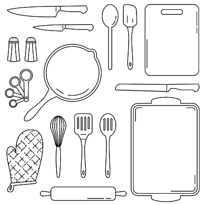 Kitchen tools and equipment for cooking and baking. Collection of vector line art illustrations of common culinary accessories for kitchens and restaurants.