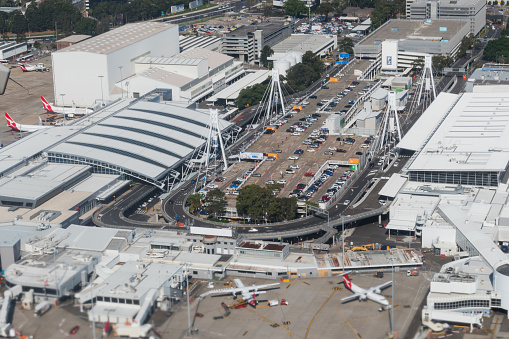 Sydney, Australia - December 16, 2017: Aerial Sydney airport car park view.