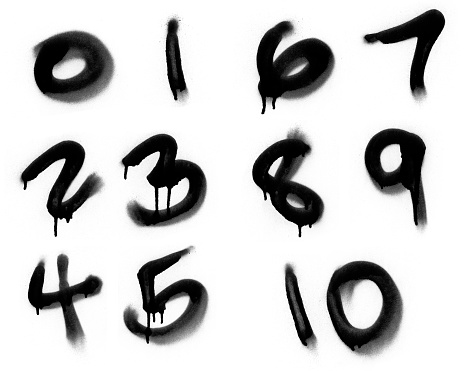 Numbers 0-10 spray painted on a white background with flares and drips.