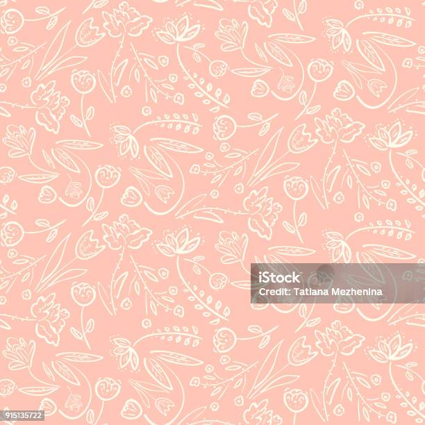 Tender Pink Pattern With Spring Hand Drawn Flowers Stock Illustration - Download Image Now - Flower, Backgrounds, Floral Pattern