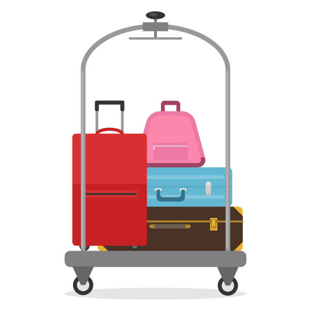 hotel gepäckwagen. eine reihe von koffern auf einem mobilen wagen. - page stock-grafiken, -clipart, -cartoons und -symbole