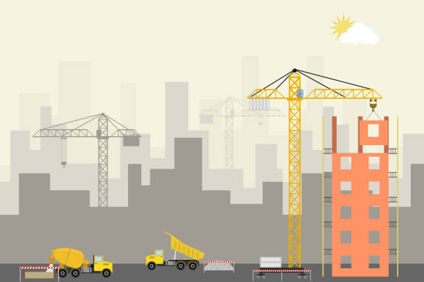 Modern building construction. Construction site with a crane, concrete truck and dump truck. Modern building construction. Construction site with a crane, concrete truck and dump truck. Flat design, vector illustration, vector. cityscape clipart stock illustrations