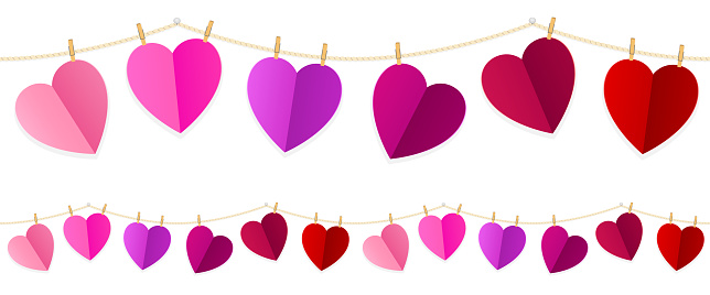 Vector illustration of colorful hearts strung along a clothesline. String can be joined end to end seamlessly to create longer strings. Illustration uses linear gradients. Includes AI10-compatible .eps format, along with a high-res .jpg.