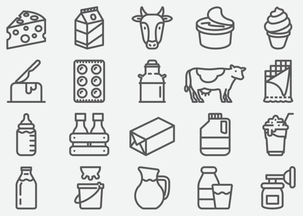 ilustraciones, imágenes clip art, dibujos animados e iconos de stock de iconos de línea de productos lácteos y leche - cheese softness freshness food