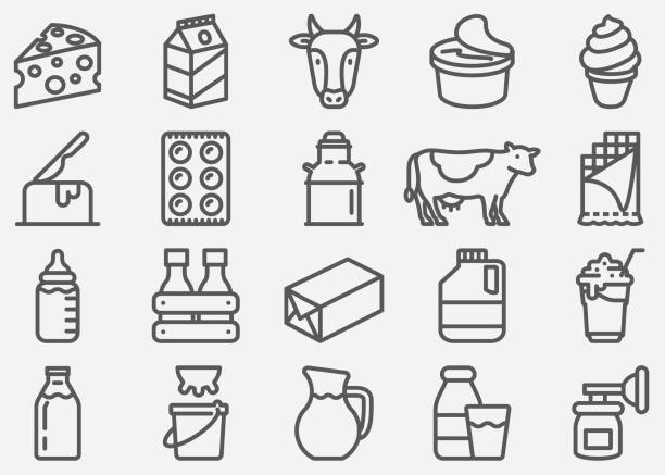 우유 및 낙농 제품 라인 아이콘 - 크림 유가공 식품 stock illustrations