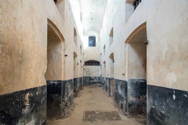 Isolation cells inside a penal colony at Ile Royale, one of the islands of Iles du Salut (Islands of Salvation) in French Guiana. These islands were part of a penal colony for the greatest French criminals between 1852 and 1953