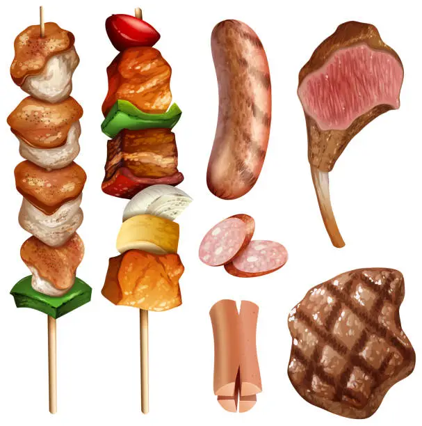 Vector illustration of Different types of bbq and steaks
