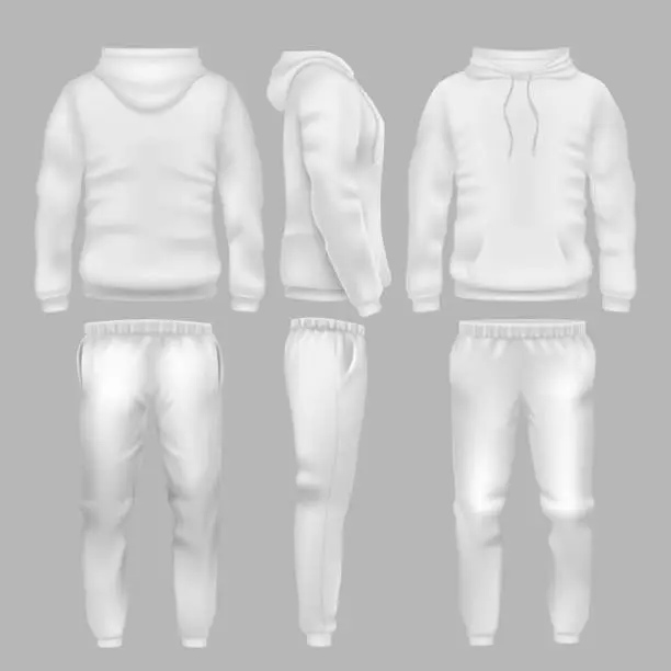 Vector illustration of White hooded sweatshirt with sports trousers. Active sport wear hoodie and pants vector templates