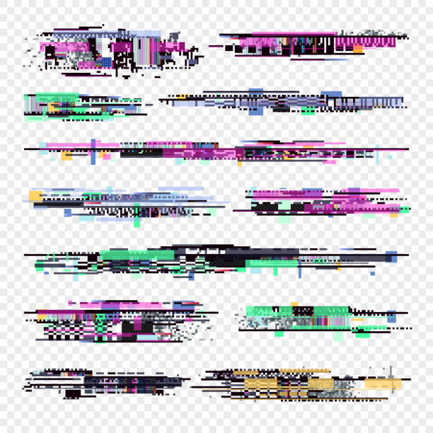 Decay signal glitch vector elements isolated. Grunge monitor glitched noise. Tv screen problems set Decay signal glitch vector elements isolated. Grunge monitor glitched noise. Tv screen problems set. Digital bug decay, glitch disintegration pixel illustration tv glitch stock illustrations