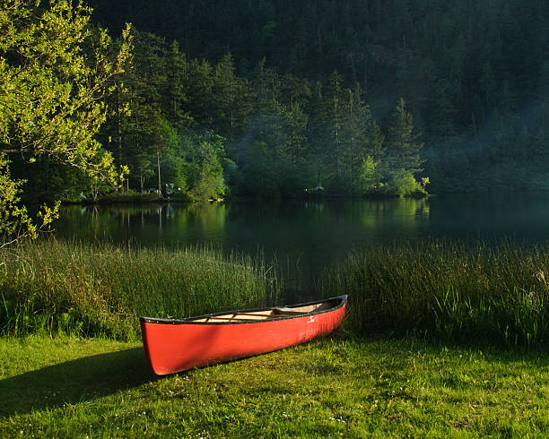 Red Canoe by Lake in the Evening This red canoe was photographed in the evening light while sitting on the shore of Cascade Lake. Cascade Lake is in Moran State Park on Orcas Island, Washington State, USA. jeff goulden san juan islands stock pictures, royalty-free photos & images