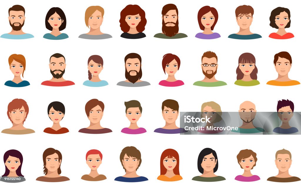 Women and men business people team vector avatars male and female profile portraits isolated Women and men business people team vector avatars male and female profile portraits isolated. Face female and person and male businessman illustration Human Face stock vector