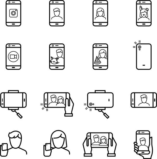 selfie fotografie, lidé fotografují pomocí smartphone a monopod line vektorové ikony - selfie stock ilustrace