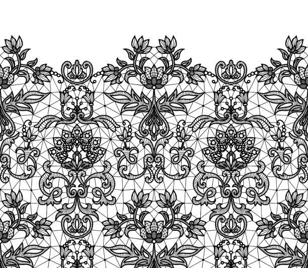 Seamless black lace Horizontally seamless black lace border background with floral pattern isolated on white black lace stock illustrations