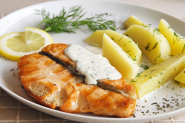 istock Grilled salmon with potato 91515588