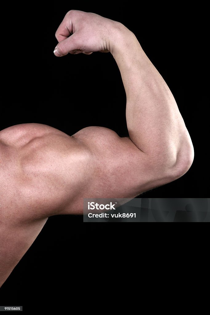 Muscular biceps Muscular biceps isolated on black background Adult Stock Photo