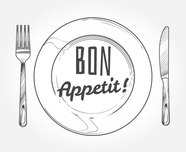 illustrations, cliparts, dessins animés et icônes de assiette avec couteau et fourchette. doodle croquis vaisselle et plat. affiche de vecteur de restaurant - assiette dessin