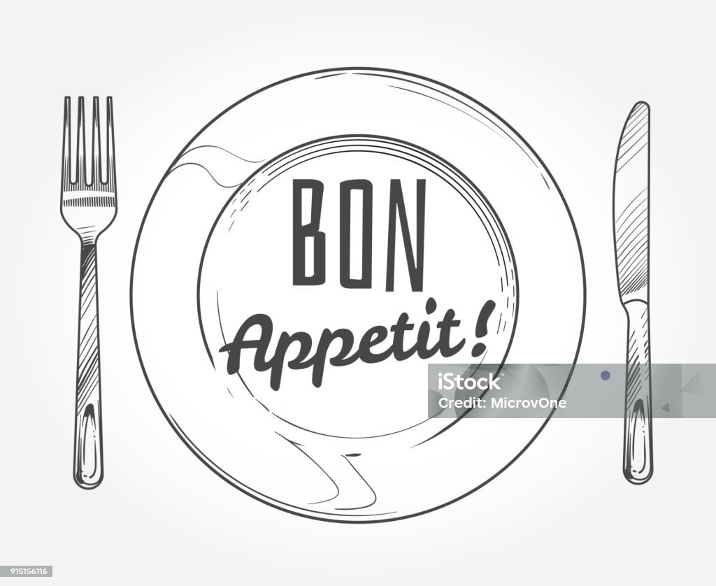 Dinner plate with knife and fork. Doodle sketch tableware and dish. Restaurant vector poster Dinner plate with knife and fork. Doodle sketch tableware and dish. Restaurant vector poster. Dinner plate with fork and knife illustration Plate stock vector