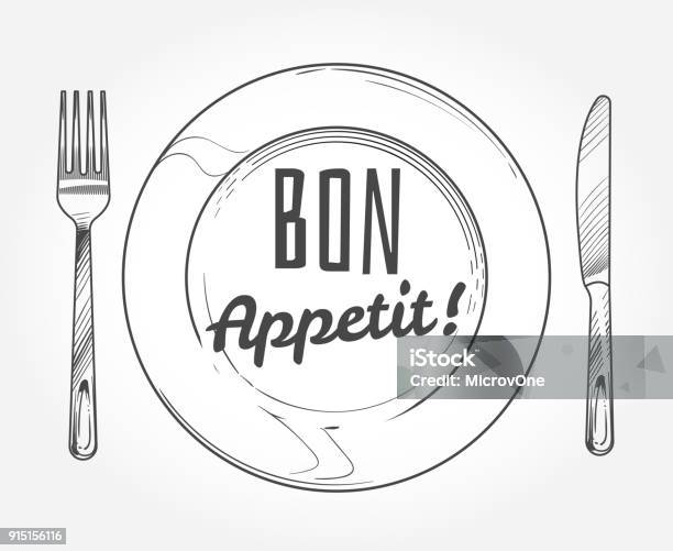 Dinner Plate With Knife And Fork Doodle Sketch Tableware And Dish Restaurant Vector Poster Stock Illustration - Download Image Now