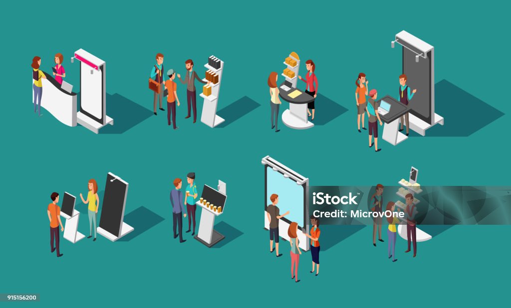 People standing at expo promotional stands vector 3d isometric set People standing at expo promotional stands vector 3d isometric set. Exhibition promotional and demonstration panel, promo desk for shop illustration Isometric Projection stock vector