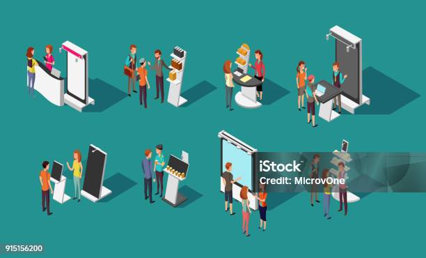 People Standing At Expo Promotional Stands Vector 3d Isometric Set Stock Illustration - Download Image Now