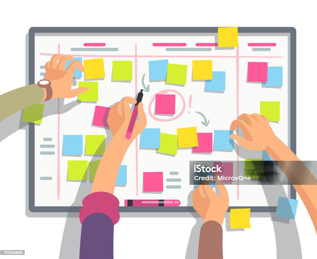 Developers team planning weekly schedule tasks on task board. Teamwork and collaboration vector flat concept Developers team planning weekly schedule tasks on task board. Teamwork and collaboration vector flat concept. Task scheme whiteboard, taskboard schedule strategy illustration Planning stock vector