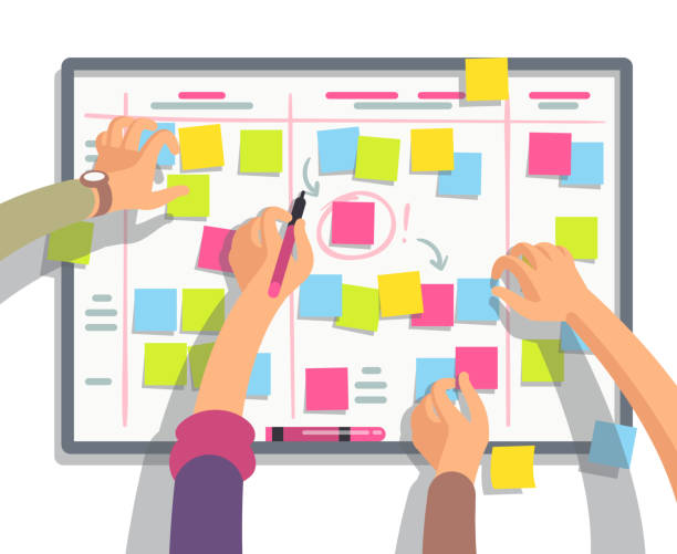 Developers team planning weekly schedule tasks on task board. Teamwork and collaboration vector flat concept Developers team planning weekly schedule tasks on task board. Teamwork and collaboration vector flat concept. Task scheme whiteboard, taskboard schedule strategy illustration drawing activity stock illustrations