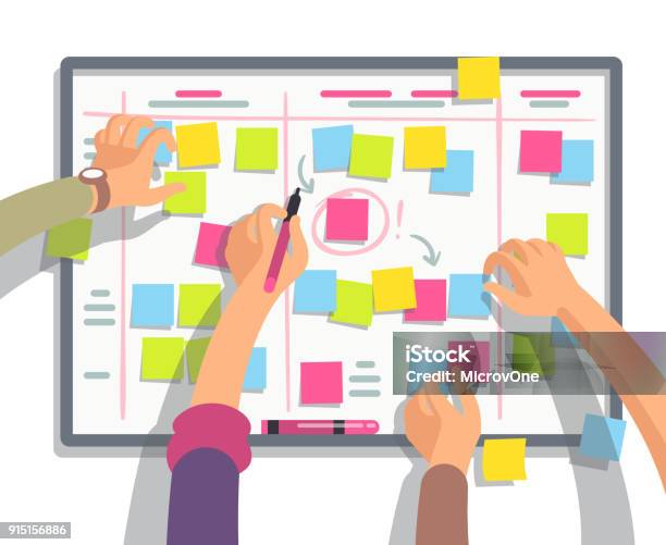 Developers Team Planning Weekly Schedule Tasks On Task Board Teamwork And Collaboration Vector Flat Concept Stock Illustration - Download Image Now