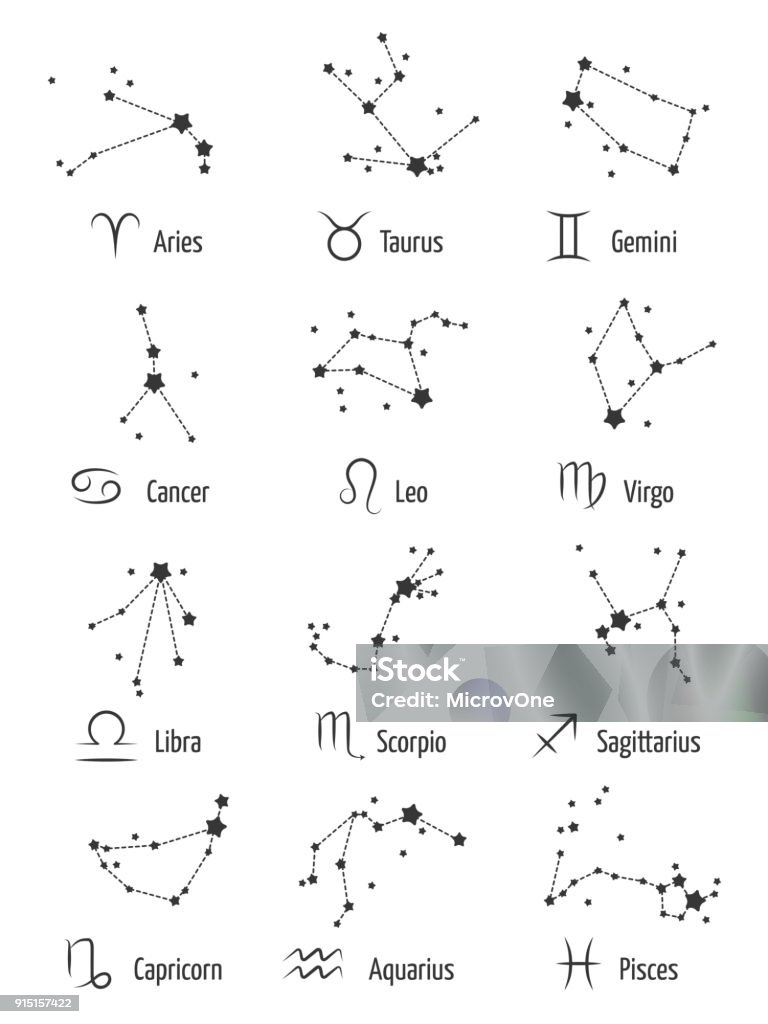 Signos de zodiaco iconos de astrología Horóscopo símbolos - estrellas constelaciones zodiacales aisladas sobre fondo blanco - arte vectorial de Constelación libre de derechos