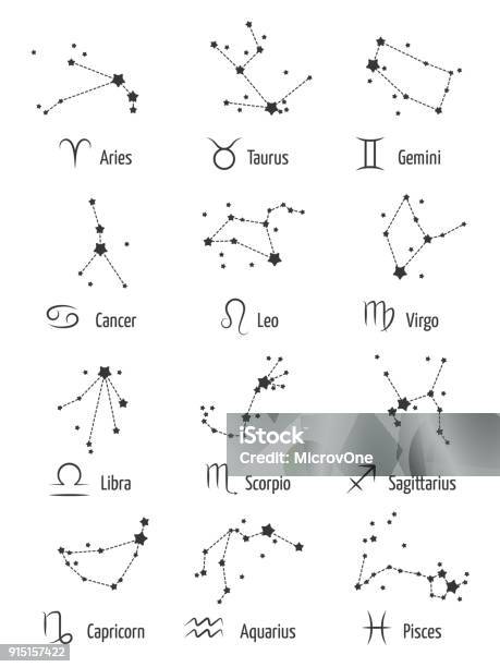 Ilustración de Signos De Zodiaco Iconos De Astrología Horóscopo Símbolos Estrellas Constelaciones Zodiacales Aisladas Sobre Fondo Blanco y más Vectores Libres de Derechos de Constelación
