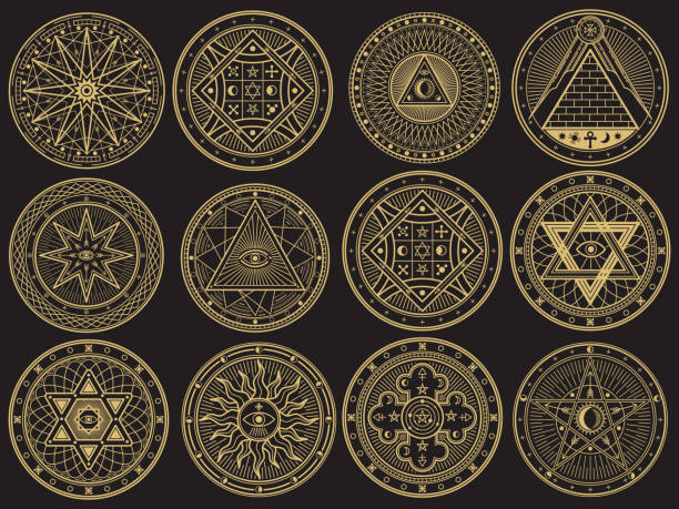 ilustrações, clipart, desenhos animados e ícones de mistério dourado, bruxaria, ocultismo, alquimia, místicos símbolos esotéricos - holy symbol