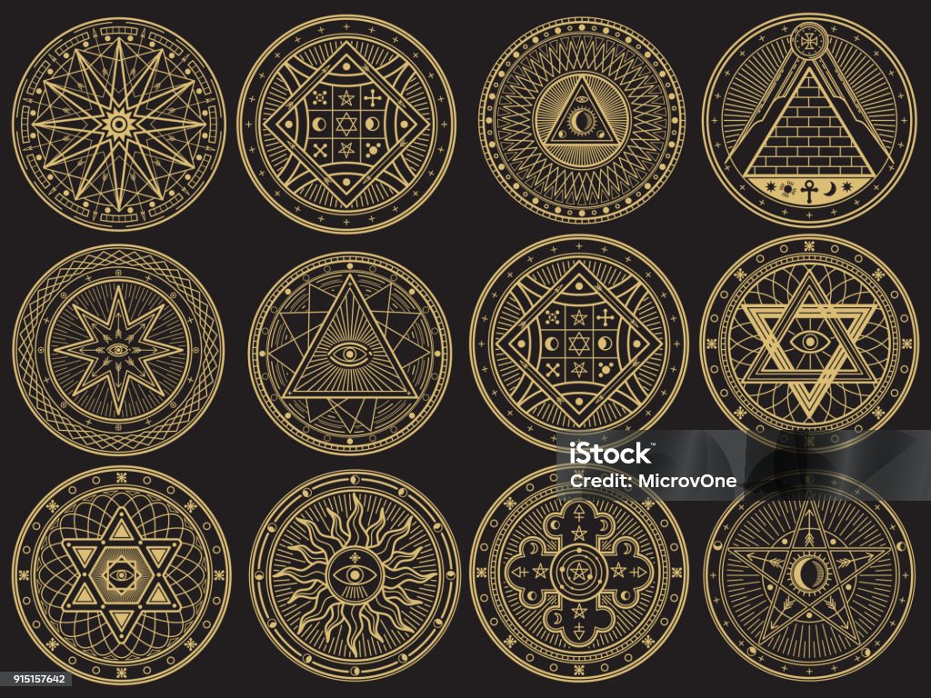 Golden mystery, witchcraft, occult, alchemy, mystical esoteric symbols Golden mystery, witchcraft, occult, alchemy, mystical esoteric symbols. Witchcraft mystery emblem collection, magic religion tattoo. Vector illustration Symbol stock vector