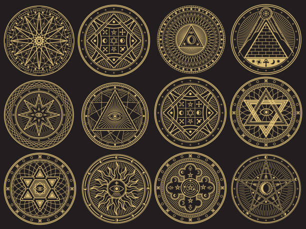 Golden mystery, witchcraft, occult, alchemy, mystical esoteric symbols Golden mystery, witchcraft, occult, alchemy, mystical esoteric symbols. Witchcraft mystery emblem collection, magic religion tattoo. Vector illustration occult symbols stock illustrations