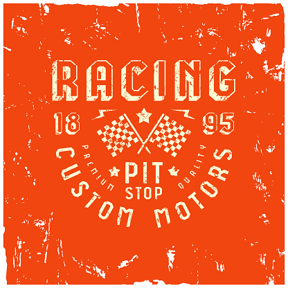 Car racing badge in retro style. Graphic design with rough texture for t-shirt. Color print on red background