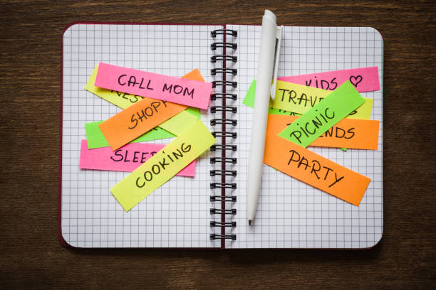 istock Day off and holiday planning. Notepad and colorful paper sheets with written different goals. Plans about party, picnic, cooking, call mom, shopping and other. To do list concept. Handwriting. 915161292