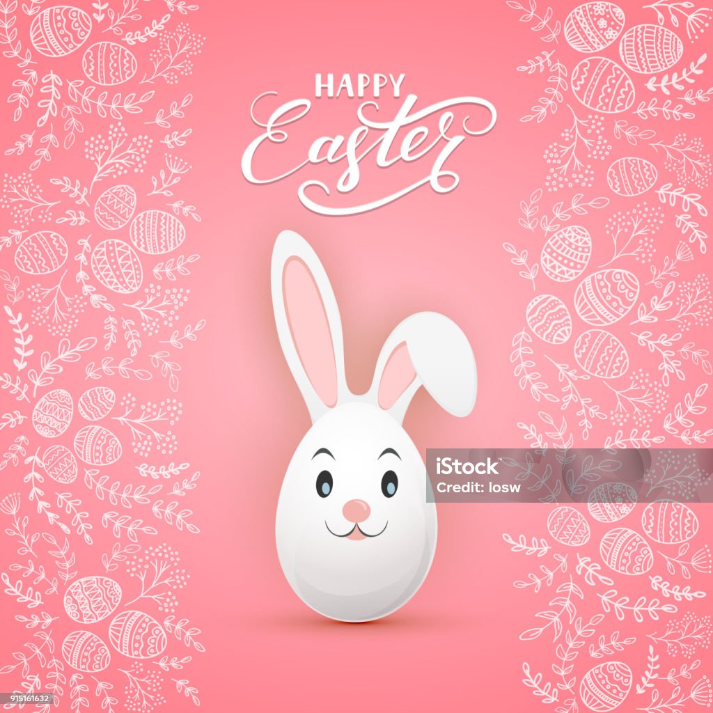 Easter rabbit on pink background with floral elements and eggs Decorative Easter Bunny as egg with lettering Happy Easter isolated on white background, illustration. Easter stock vector