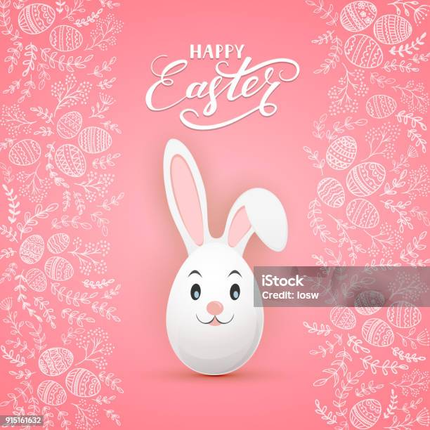 Easter Rabbit On Pink Background With Floral Elements And Eggs Stock Illustration - Download Image Now