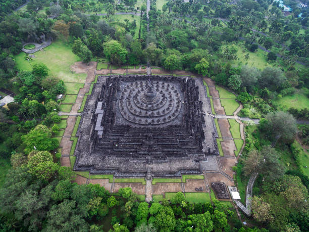 vue aérienne de borobudur temple recouvert d’une épaisse forêt, indonésie - borobudur ruins photos et images de collection