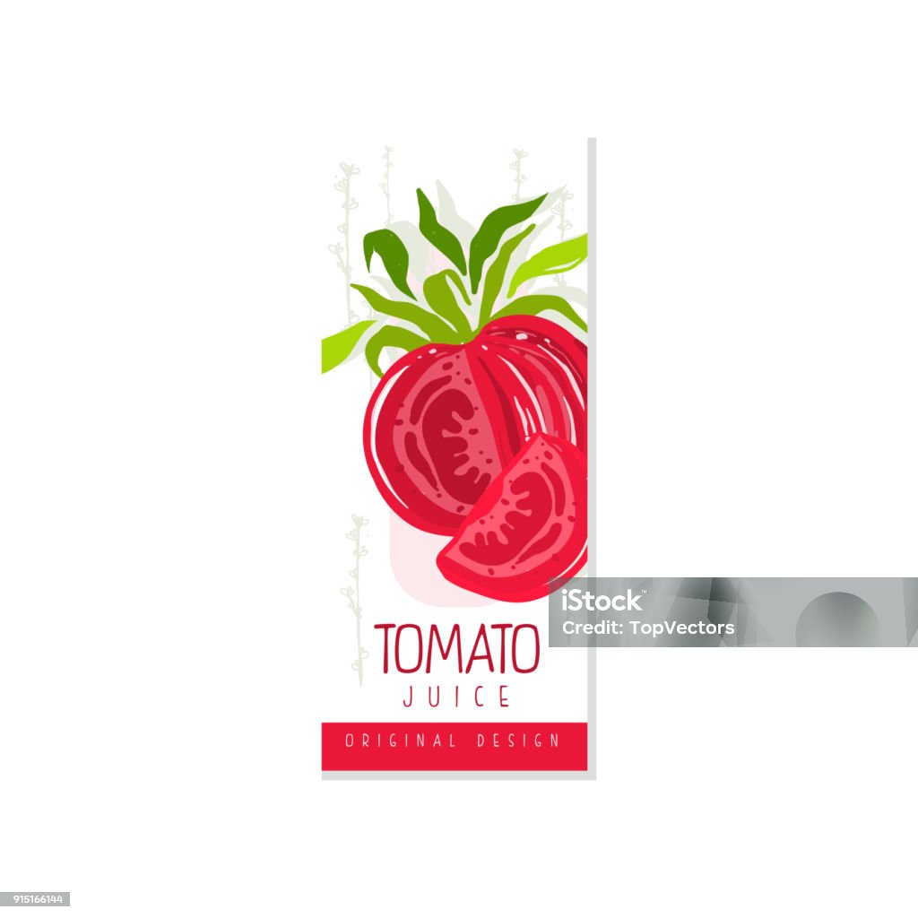 Colored vertical label for organic tomato juice. Natural vegetable drink. Veggie nutrition. Fresh and healthy beverage. Hand drawn vector design for product packaging Colored vertical label for organic tomato juice. Natural vegetable drink. Veggie nutrition. Fresh and healthy beverage. Design for product packaging. Hand drawn vector illustration isolated on white. Advertisement stock vector