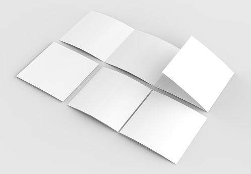 Square four folded - 4-Fold - brochure mock-up isolated on soft gray background. 3D illustrating
