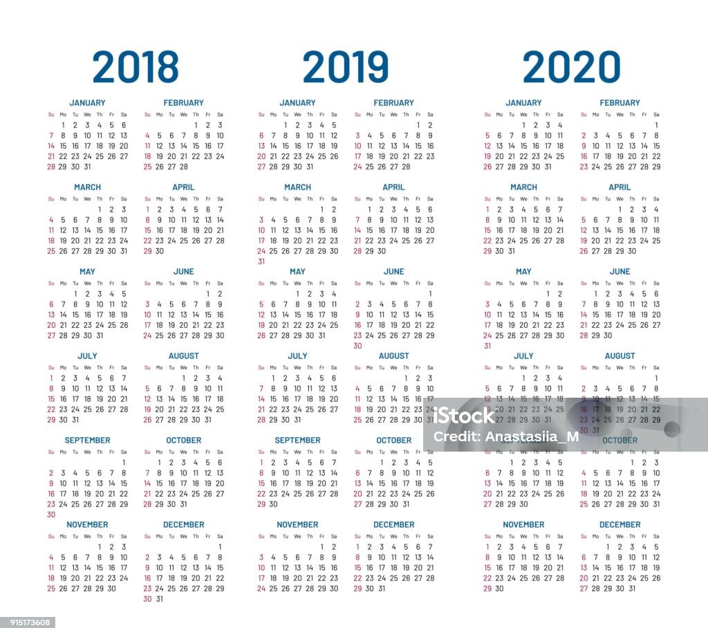 Vecteur de calendrier de l’année 2018 2019 2020 - clipart vectoriel de Calendrier libre de droits